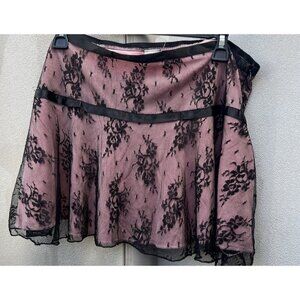 Vintage PIA Pleated Skirt Pink Black Embroidered Lace Hem Mini Made in USA